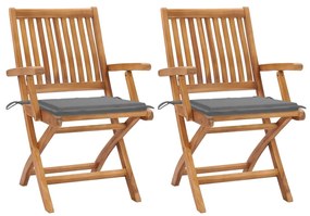 vidaXL Cadeiras de jardim c/ almofadões cinzentos 2 pcs teca maciça