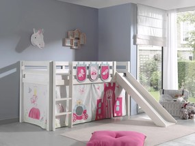 Conjunto Cama alta de Criança PINO 90 x 200 cm + estrado + escada + escorrega + cortina + 3 bolsas Princesa branca