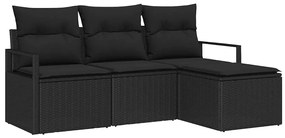 Conjunto de Sofá de Jardim com 4 Peças e Almofadas, Preto, Rattan, Pol