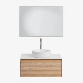 Conjunto De Móvel De Casa De Banho Suspenso 80x50 Cm Em Madeira De Freixo Tedrik Castanho Fresno & Cerâmica Redonda Branca Ø40 Cm - Sklum