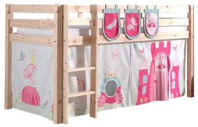 Conjunto Cama alta de Criança PINO 90 x 200 cm + estrado + escada + cortina + 3 bolsas Princesa Natural