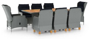 vidaXL 9 pcs conj. jantar exterior + almofadões vime PE cinzento-claro