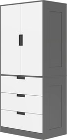 Guarda roupa de quarto 80 x 50 x 180 cm com 2 portas com fecho suave, 3 gavetas e barra para pendurar roupa, , cinzento e branco