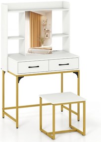 Toucador com espelho retangular com banco 80 x 50 x 138 cm, estação de carregamento, prateleiras abertas e compartimento oculto branco