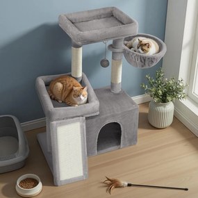 Arranhador para gatos com caverna 92,5 x 58,9 x 85,8 cm, árvore para gatos com rampa e cesto, 2 plataformas grandes cinzento claro