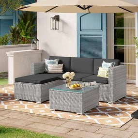 Conjunto móveis Jardim em polyrattan PE com almofadas e mesa de vidro cinzento