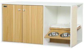 PawHut Móvel Caixa de Areia para Gatos 3 em 1 Mesa Auxiliar Caixa de Areia para Gatos com Tapete para Arranhar 95x48x50,5 cm Branco e Carvalho | Aosom Portugal