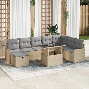 Conjunto de Sofá de Jardim vidaXL 9 Peças com Almofadas Bege Rattan Poliéster