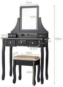 Mesa de toucador com 5 gavetas de compartimento amovível e espelho quadrado para Quarto 80 x 40 x 139 cm Preto