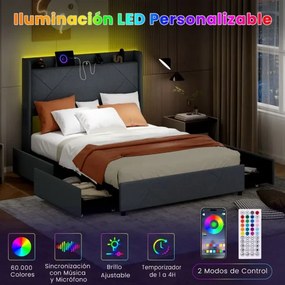 Estrutura de cama 223 x 167 x 122 cm com ripas COLCHÃO NÃO INCLUIDO com LUZ LED com estação de carregamento USB 4 gavetas dobráveis Comando remoto Cin