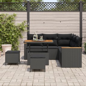 Conjunto de Sofá de Jardim de 8 Peças com Almofadas Preto Vime Poliést
