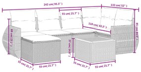 7 pcs conjunto sofás p/ jardim c/ almofadões vime PE cinzento