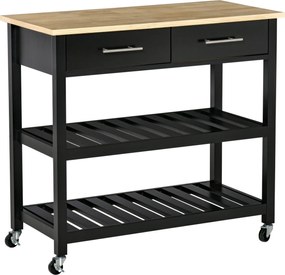 HOMCOM Carrinho de serviço para cozinha com rodas 2 prateleiras 2 gavetas preto madeira natural | Aosom Portugal