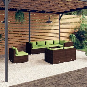 8 pcs conjunto lounge de jardim c/ almofadões vime PE castanho