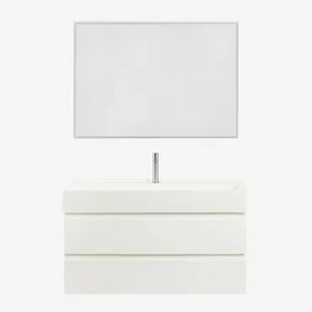 Conjunto De Móvel De Casa De Banho Suspenso Em Madeira E Folha De Freixo Com Lavatório Integrado Ona Branco & Led Retangular - Sklum