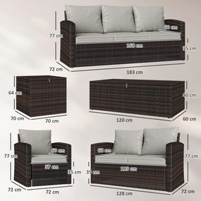 Conjunto de Jardim Exterior de Vime 6 Peças Almofadas Sofá Duplo Sofá de 3 Lugares 2 Poltronas 2 Mesas Auxiliares Bege