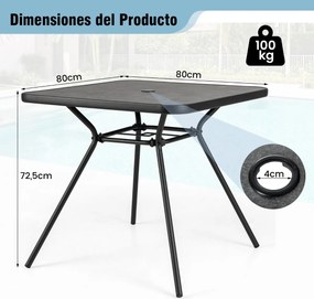 Mesa de jantar para jardim 80 x 80 x 72,5 cm com orifício para guarda-sol de 4 cm e tampo com placa DPC para jardim, varanda, piscina, preta