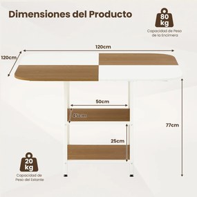 Mesa de jantar moderna quadrada 120 x 120 x 77 cm com tampo multicolorido e prateleira de 2 níveis, pernas ajustáveis em café e branco