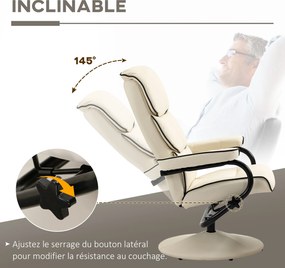 Poltrona relax com pufe e encosto reclinável, giratória a 360°, assento almofadado confortável, cor creme