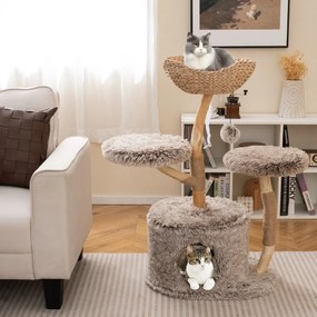 Arranhador para gatos 60 x 105 cm com tronco de pereira sólido com plataforma de galhos com postes para arranhar em sisal natural