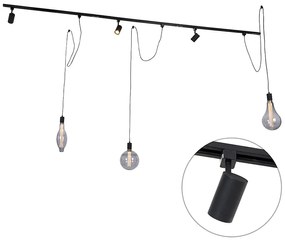 Sistema trilho monofásico com 3 focos e 3 luminárias suspensas preto - Cavalux Jeana Moderno
