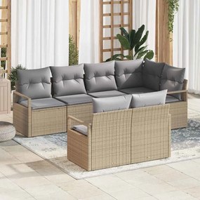 Conjunto de Sofá de Jardim 7 Peças com Almofadas Bege Rattan Poliéster