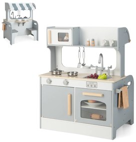 Cozinha e restaurante 2 em 1 para crianças de madeira 71 cm x 52 cm x 90 cm dupla face com torneira, lava-loiça e forno cinza