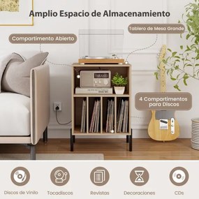 Estante para discos vinil Pernas de metal e Estação de carregamento e porta USB para sala de estar Quarto Escritório Natural