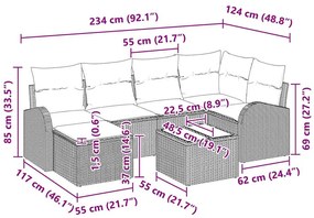 Conjunto de Sofá de Jardim de 6 Peças com Almofadas Vime PE Marrom