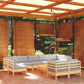 vidaXL 10pcs conjunto lounge de jardim + almofadões cinza pinho maciço