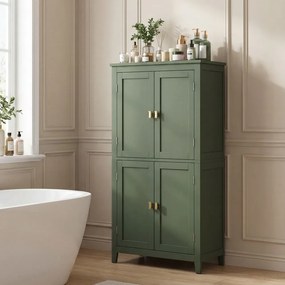 Armário de casa de banho com 4 portas 30 x 60 x 110 cm, branco clássico e verde floresta