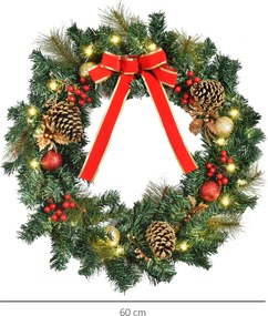 Grinalda de Natal artificial iluminada com 20 LEDs, com 60 cm - decorada com azevinho e pinhas verde