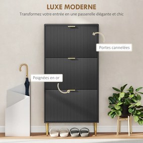 Sapateira com capacidade para 18 pares 60 x 24 x 122,5 cm, com 3 gavetas rebatíveis, portas caneladas e prateleiras ajustáveis, preto
