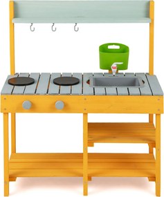Cozinha de brincar em madeira para crianças com caixa de água Torneira realista Lava-loiça amovível para crianças com mais de 3 anos - laranja
