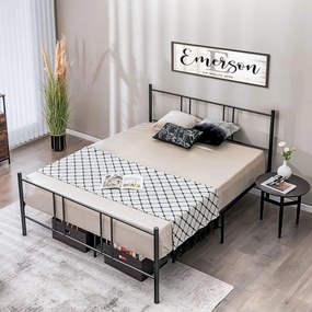 Estrutura de cama casal em metal com cabeceira, ripas de aço para colchão 160 x 200 cm preto, COLCHÃO NÃO INCLUÍDO