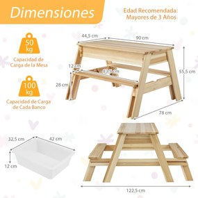Mesa de piquenique para crianças Jogo 4 em 1 com mesa e bancos de madeira com tampo removível e 2 caixas de armazenamento  natural