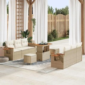 Conjunto de Sofás de Jardim de 9 Peças com Almofadas Bege Rattan Poli Acácia