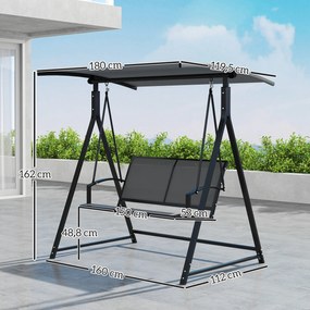 Baloiço de Jardim de 2 Lugares com Toldo Ajustável 90° Proteção UV 30+ e Estrutura Triangular 160x112x162 cm Cinzento Escuro