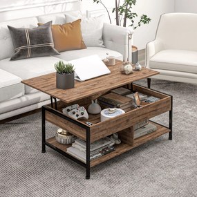 Mesa de centro  100 x 80 x 60 cm elevável com compartimento oculto, 2 prateleiras inferiores,, castanho rústico e preto