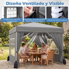 Tenda Dobrável de Exterior feiras, eventos, festas, 300 x 300 x 250-268 cm, 4 Paredes Removíveis e 4 sacos areia Cinzento