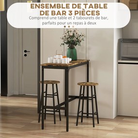 Conjunto de mesa alta de bar + 2 bancos com estrutura em aço e tampo com efeito de madeira de mogno para 2 pessoas, castanho rústico, preto