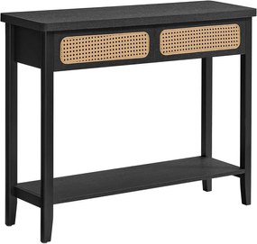 Mesa de Console VASAGLE, Mesa de Corredor, Móveis de Corredor, Mesa de Sofá Estreita para Sala de Estar, com 2 Gavetas, Prateleira Aberta, Cantos Arredondados, Estilo Boho, Preto Freixo LNT016B21