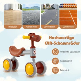 Bicicleta sem pedais para crianças dos 18 aos 36 meses, bicicleta de equilíbrio com 4 rodas para aprender a andar Castanho