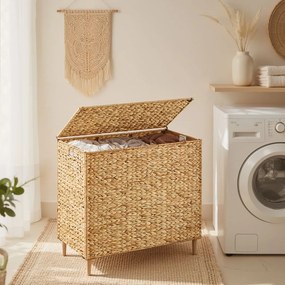 Cesto da roupa suja com 3 compartimentos 76 x 40 x 70 cm, saco interior removível, tampa e pegas, em tons natural