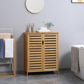 Móvel de casa de banho em bambu, armário de casa de banho com pés e porta dupla com ripas, 68 x 32 x 86 cm, natural FR