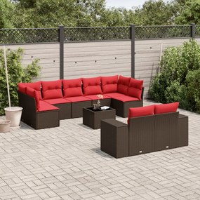 vidaXL 10 pcs conj. sofás jardim com almofadões vime PE castanho