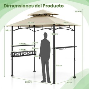 Tenda 242 x 153 cm com 2 estantes laterais, cesto, ganchos e abridor de garrafas; Estrutura metálica para jardim ou pátio, cor bege