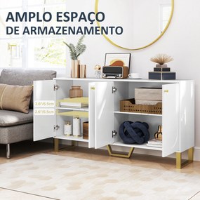 Aparador Moderno para Sala de Estar com Prateleiras Ajustáveis e Pés Dourados Móvel para TV até 65 Polegadas 140,8x35x77,5 cm Branco