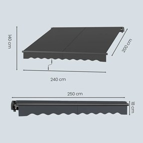 Toldo varanda de braço articulado 250 x 200 cm (C x L), manivela, FPS 50+ Cinza