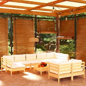 vidaXL 10 pcs conjunto lounge jardim c/ almofadões creme pinho maciço